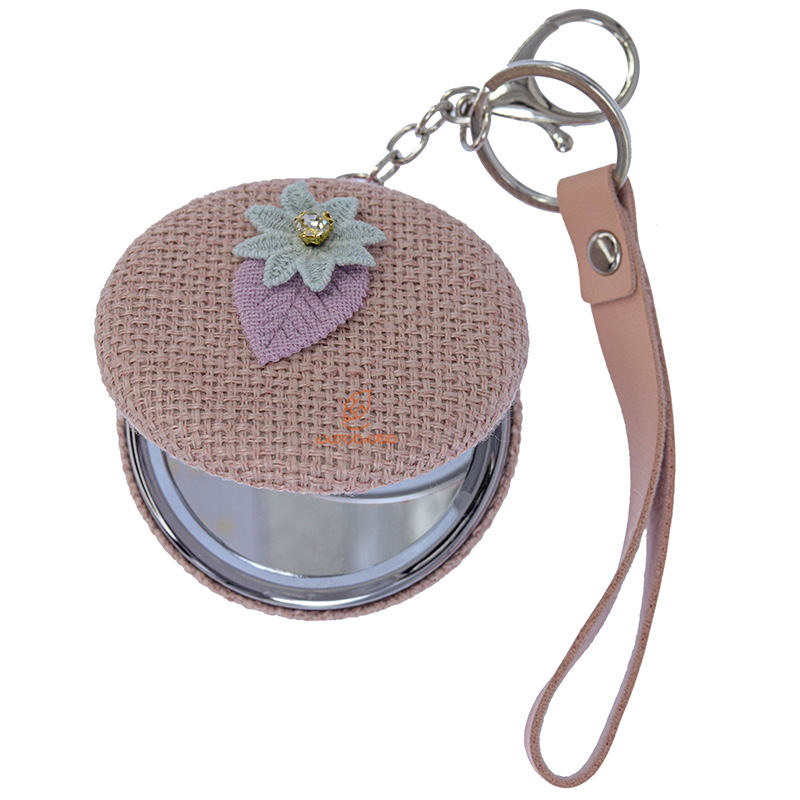 آینه گرد جیبی (آرایشی) فانتزی پارچه ای صورتی طرح گل 075 (3)