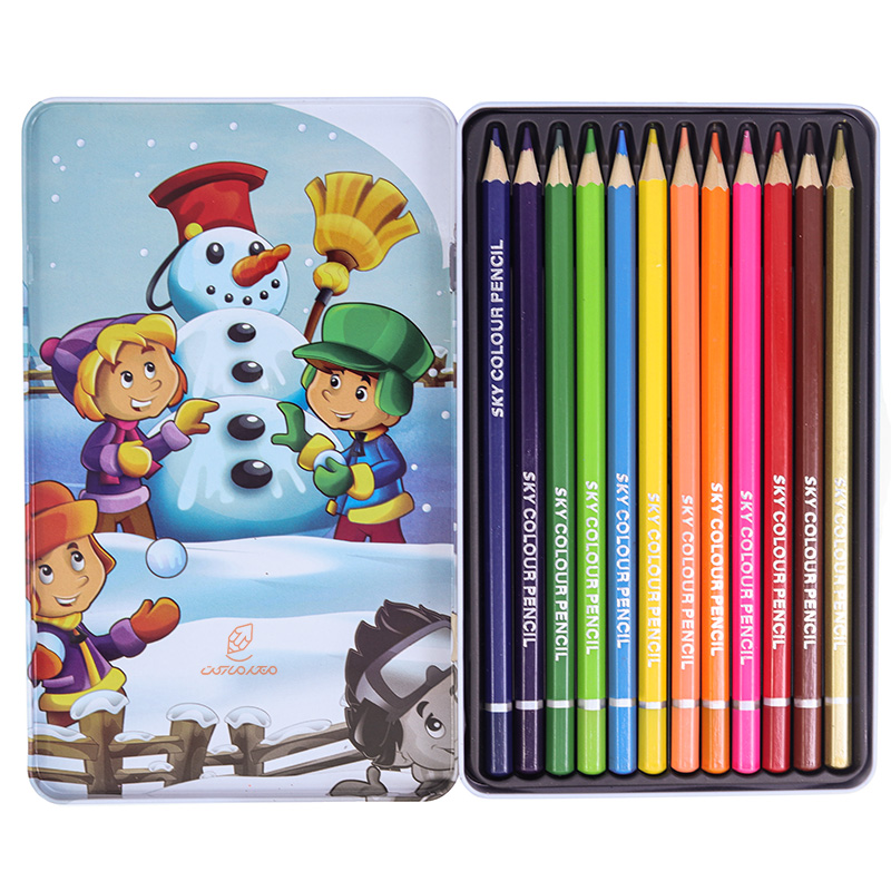 مداد رنگی 12 رنگ جعبه فلزی تخت طرح برف بازی اسکای SKY (6)