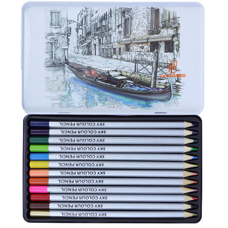 مداد رنگی 12 رنگ جعبه فلزی تخت طرح ونیز مدل آرتیست اسکای SKY (1)