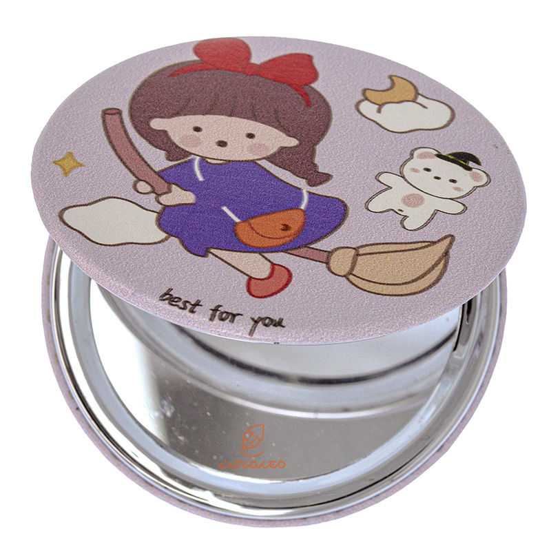 آینه گرد جیبی (آرایشی) فانتزی یاسی طرح دختر و جارو 105 (3)