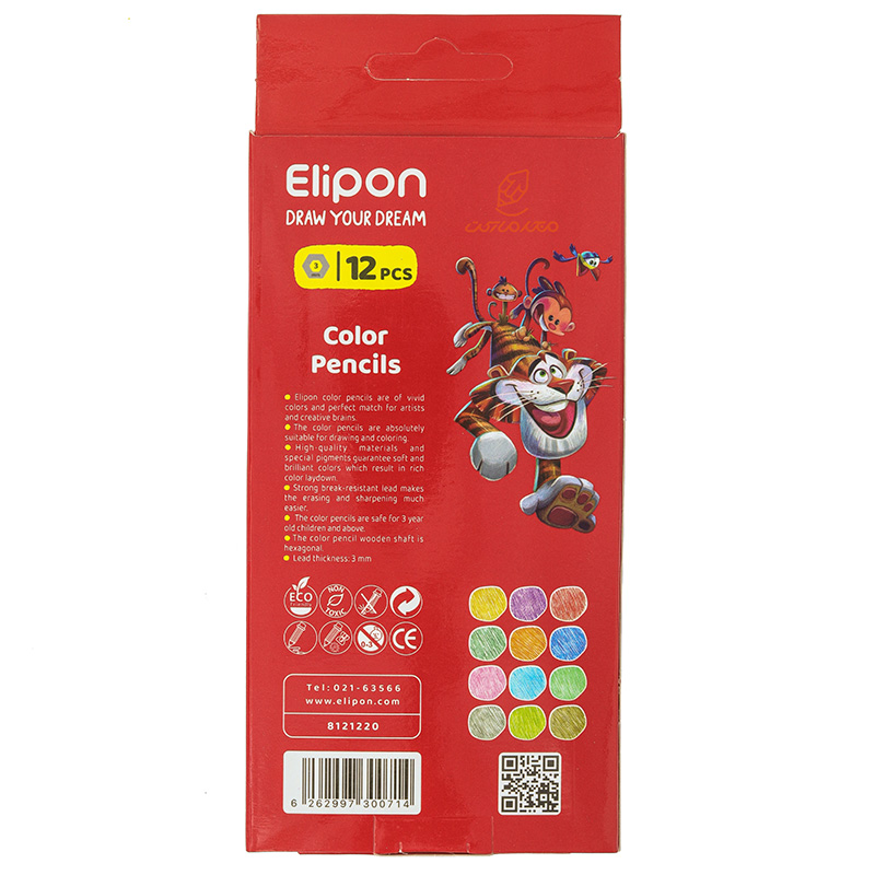 مداد رنگی 12 رنگ جعبه مقوایی تخت طرح پلنگ الیپون ELIPON (2)