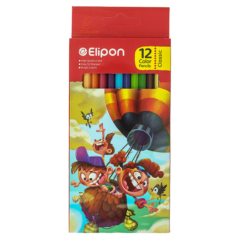 مداد رنگی 12 رنگ جعبه مقوایی تخت طرح بالن الیپون ELIPON