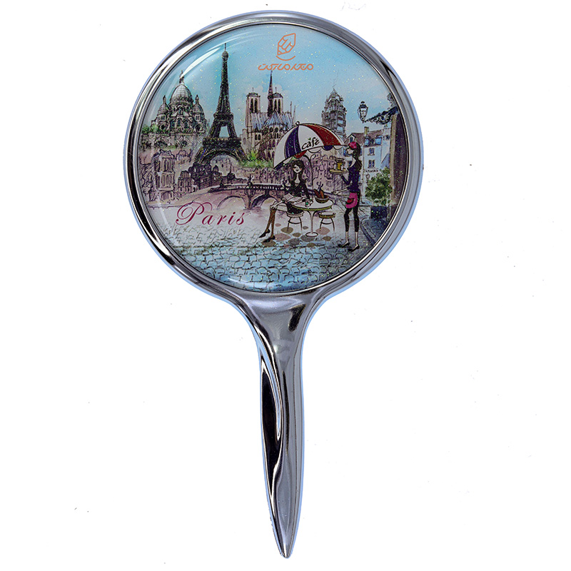 آینه دسته دار (آرایشی) فانتزی آبی طرح برج ایفل و دختران