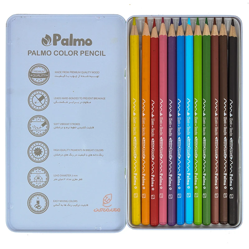 مداد رنگی 12 رنگ جعبه فلزی تخت طرح برکه پالمو PALMO (3)