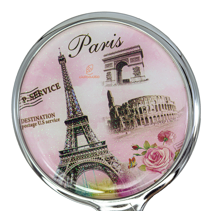 آینه دسته دار (آرایشی) فانتزی صورتی طرح برج ایفل و گل رز (4)
