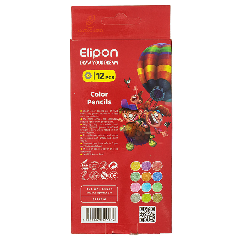 مداد رنگی 12 رنگ جعبه مقوایی تخت طرح بالن الیپون ELIPON (3)