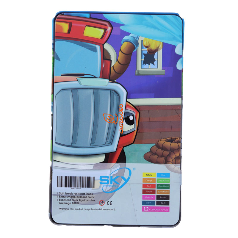 مداد رنگی 12 رنگ جعبه فلزی تخت طرح ماشین آتشنشانی اسکای SKY (3)