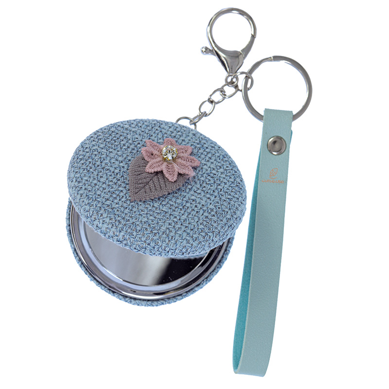 آینه گرد جیبی (آرایشی) فانتزی پارچه ای آبی طرح گل 075 (3)