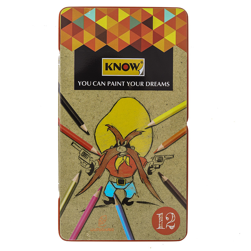 مداد رنگی 12 رنگ جعبه فلزی تخت طرح لوک نو KNOW