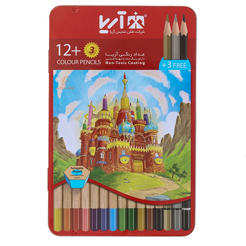 مداد رنگی 3+12 رنگ جعبه فلزی تخت طرح معبد آریا ARYA (1)