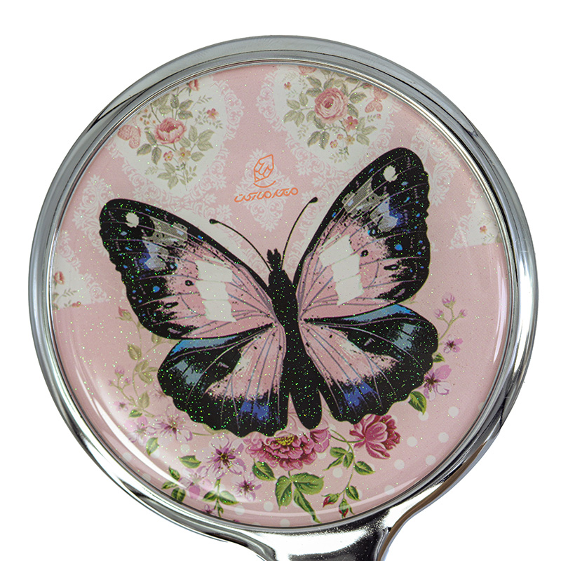 آینه دسته دار (آرایشی) فانتزی صورتی طرح پروانه مشکی (2)