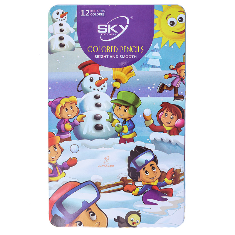 مداد رنگی 12 رنگ جعبه فلزی تخت طرح برف بازی اسکای SKY