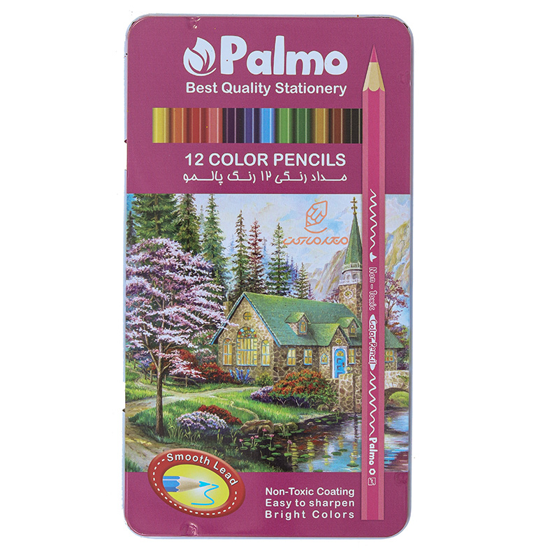مداد رنگی 12 رنگ جعبه فلزی تخت طرح کلبه جنگلی پالمو PALMO