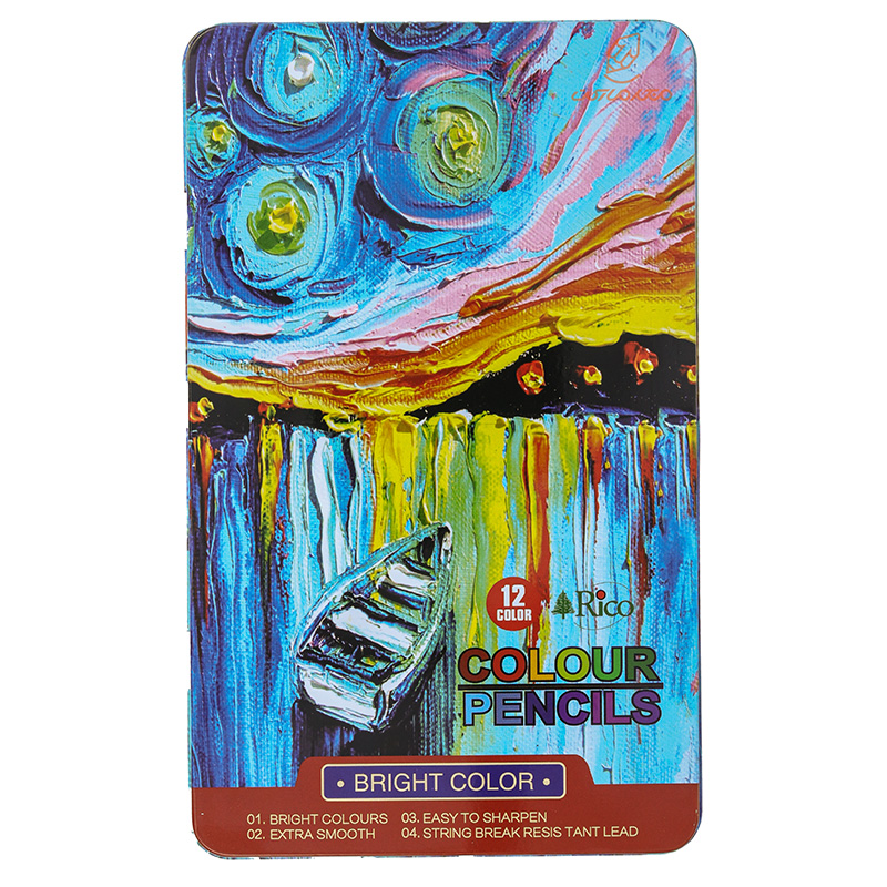 مداد رنگی 12رنگ جعبه فلزی تخت طرح نقاشی آبرنگی ریکو RICO