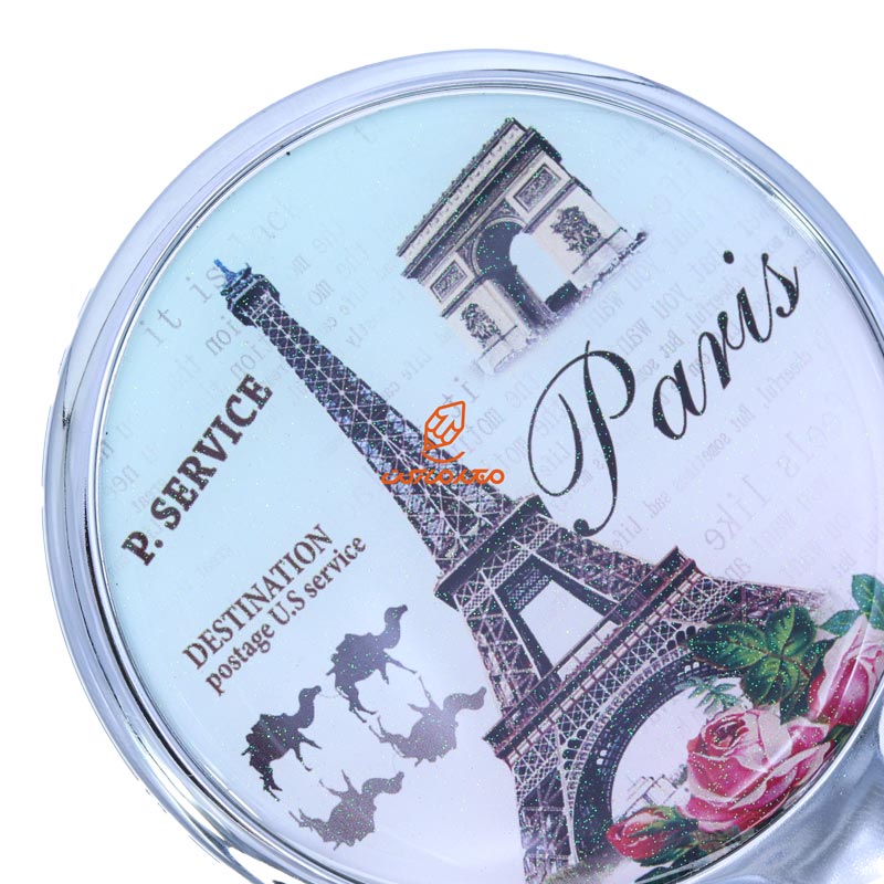 آینه دسته دار (آرایشی) فانتزی آبی طرح برج ایفل و گل رز (1)