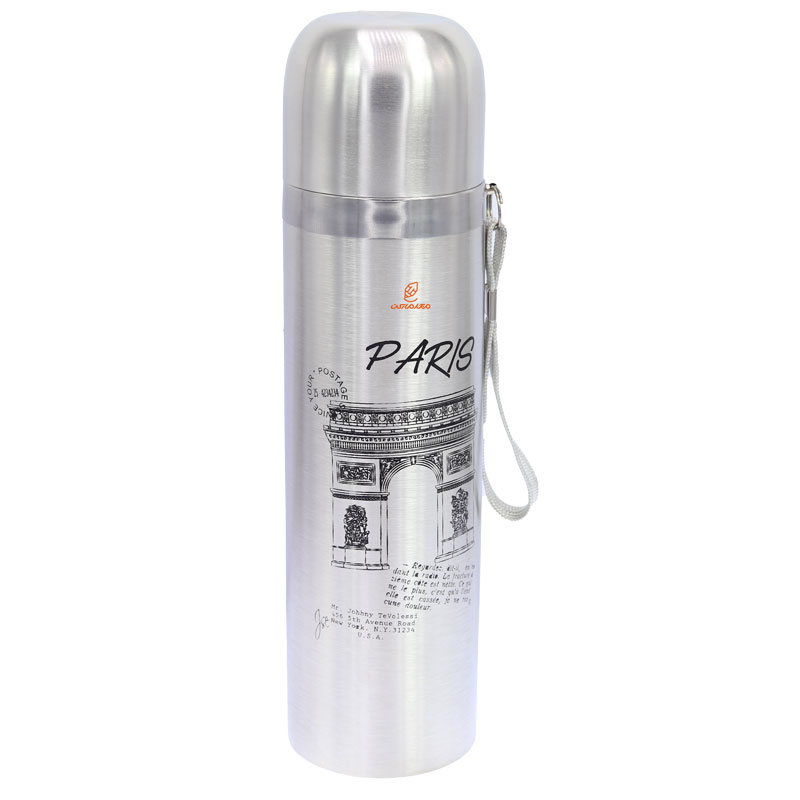 فلاسک 500 میل بند دار نقره ای طرح پاریس STAINLESS