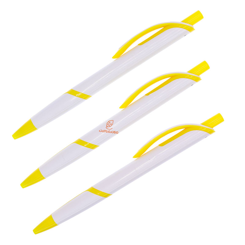 خودکار فشاری آبی تبلیغاتی 002 بدنه سفید زرد بسته 43 عددی