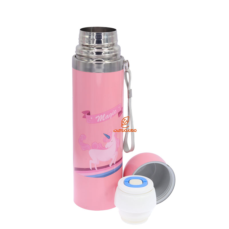 فلاسک 500 میل بند دار صورتی طرح یونی کورن STAINLESS