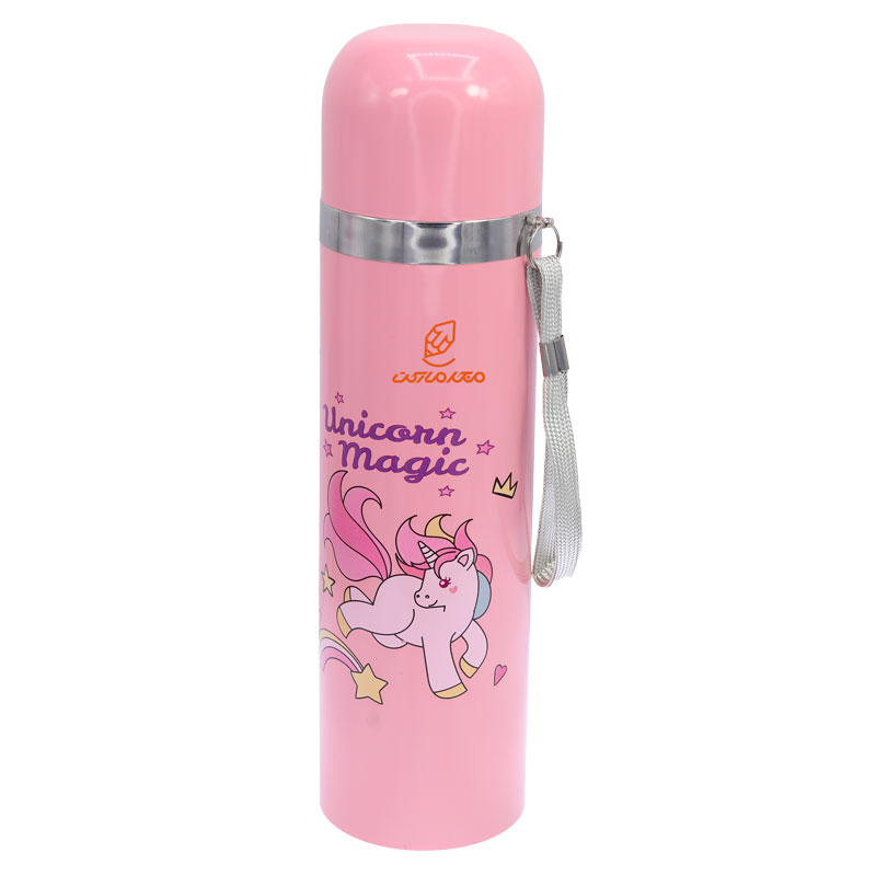 فلاسک 500 میل بند دار صورتی طرح یونی کورن و رنگین کمان STAINLESS