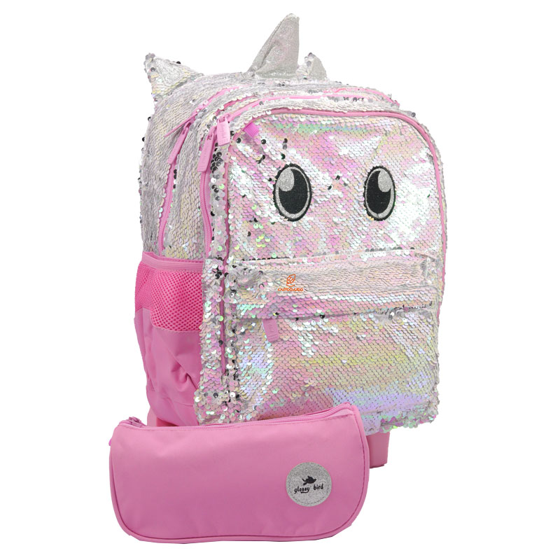 کوله پشتی چرخ دار پولکی طرح یونی کورن صورتی 2414 گلسی برد GLOSSY BIRD