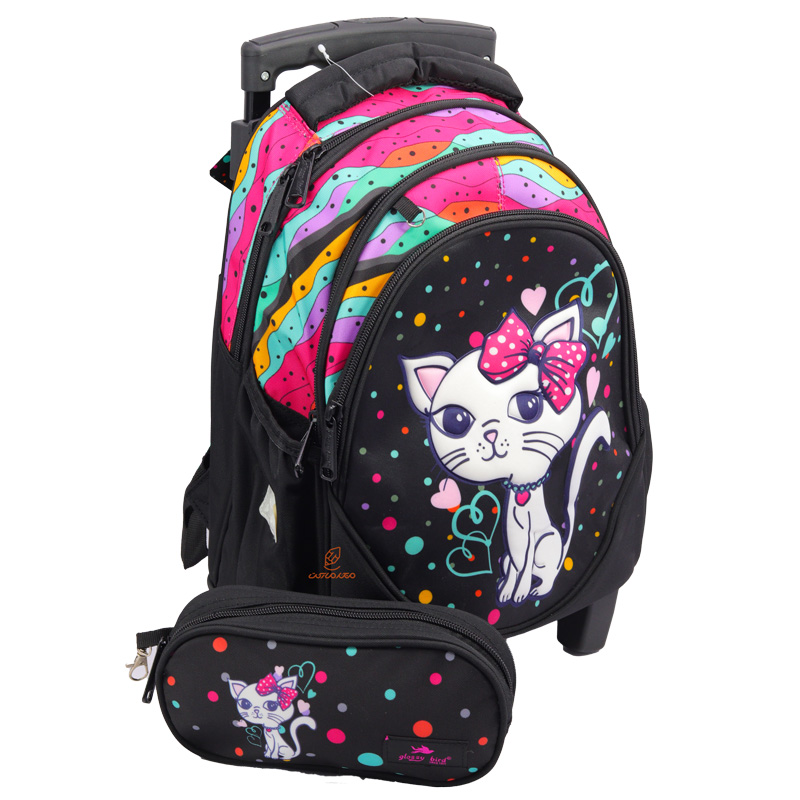 کوله پشتی چرخ دار طرح گربه 2644 گلسی برد GLOSSY BIRD