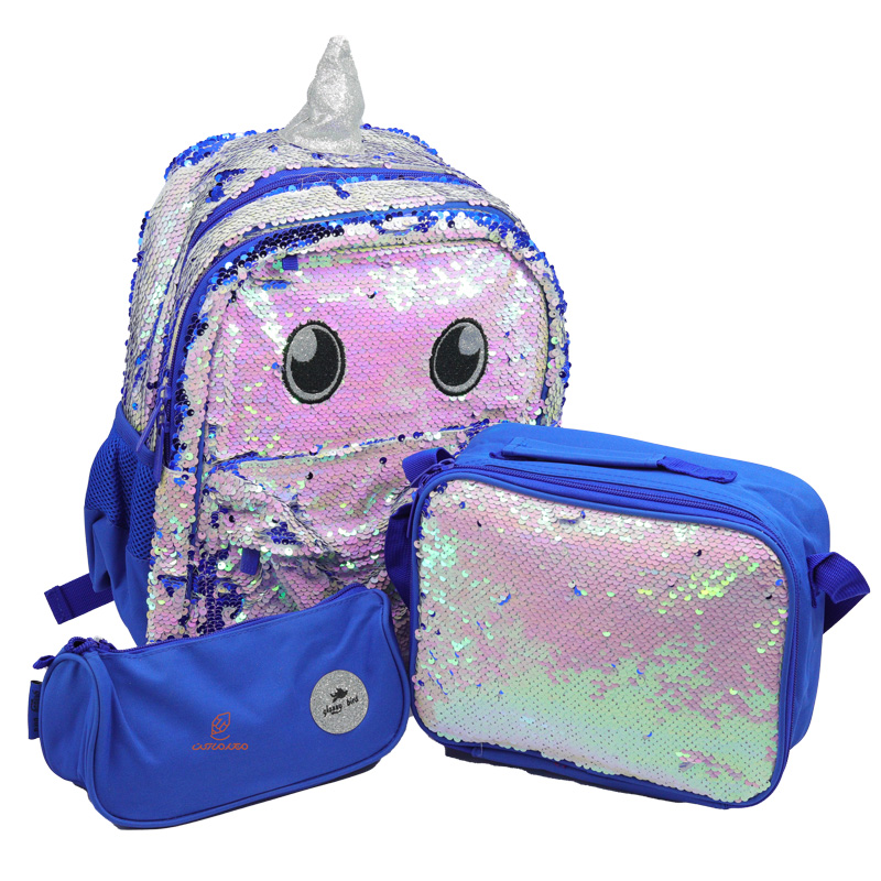 کوله پشتی سه تکه پولکی آبی گلسی برد GLOSSY BIRD