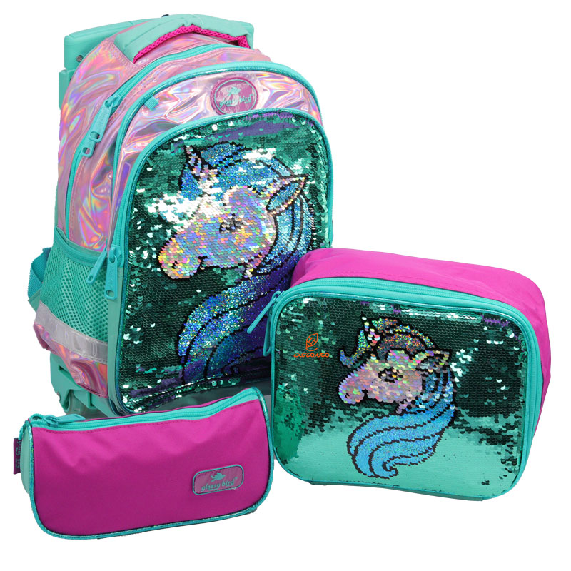 کوله پشتی چرخ دار سه قلو طرح یونی کورن 2691 گلسی برد GLOSSY BIRD