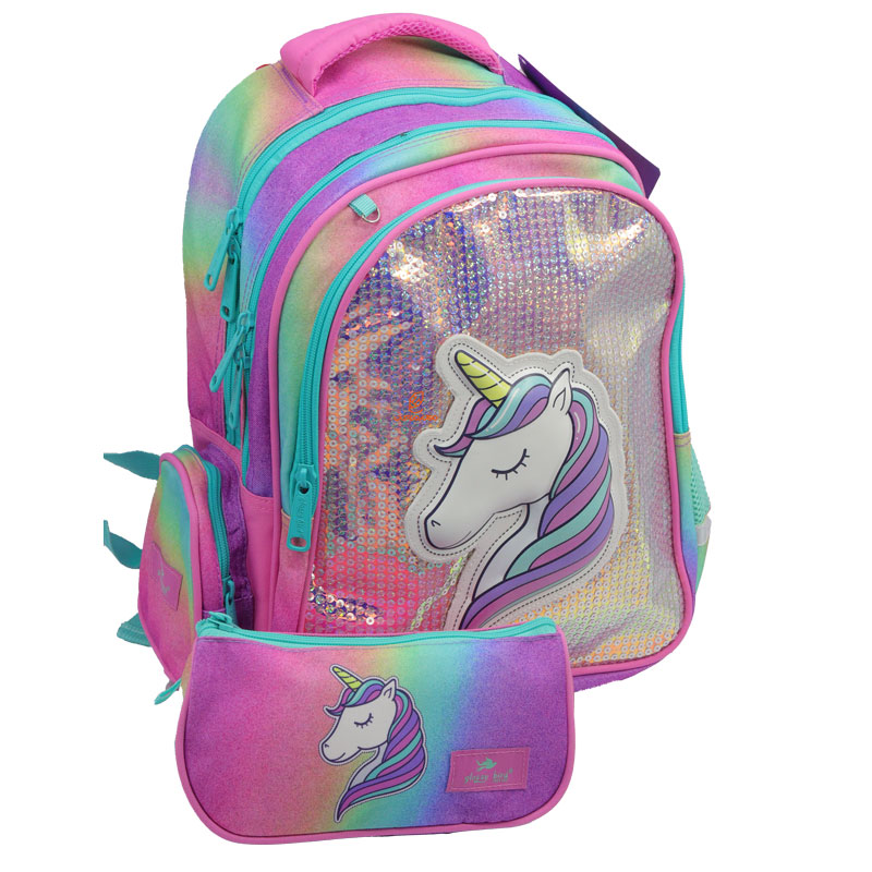 کوله پشتی دو تکه پولک دار طرح یونی کورن 2706 گلسی برد GLOSSY BIRD