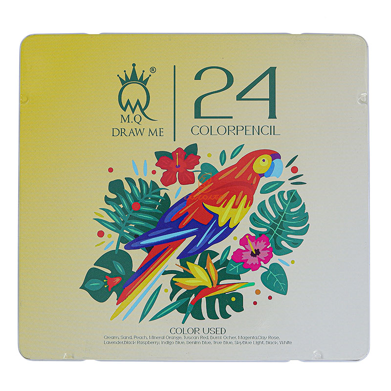مداد رنگی 24 رنگ جعبه فلزی طرح طوطی ام کیو MQ