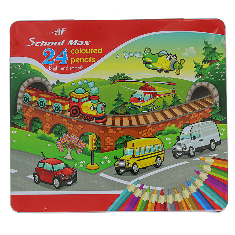 مداد رنگی 24 رنگ جعبه فلزی طرح ماشین ها اسکول مکس SCHOOL MAX