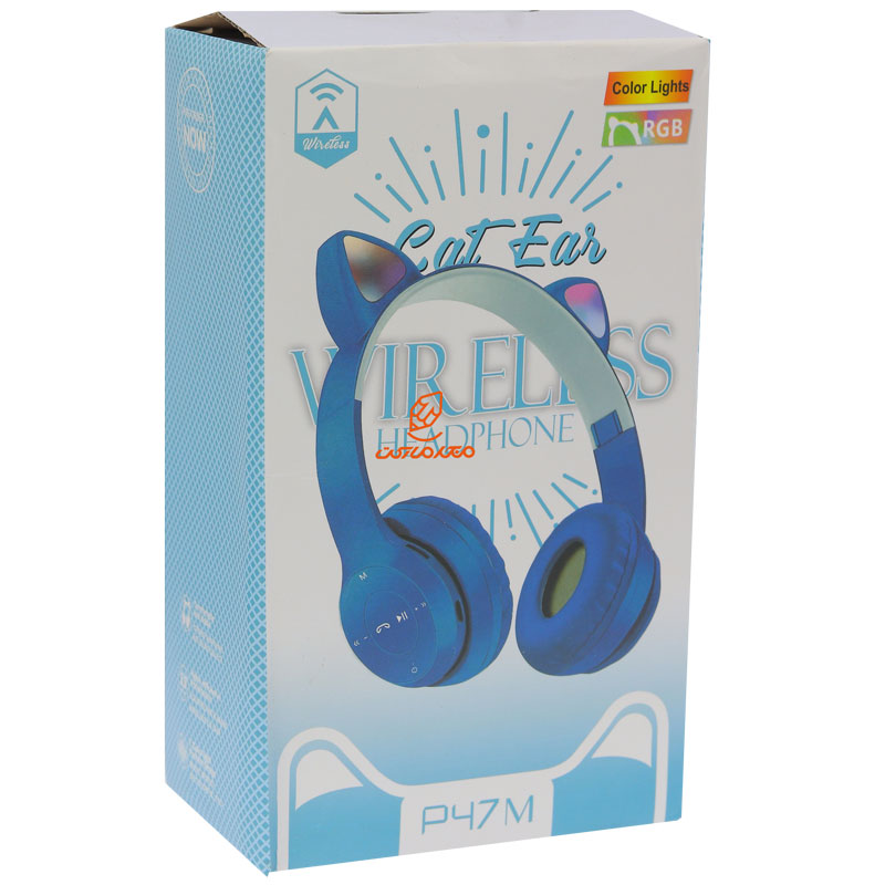 هدفون بلوتوثی مدل P47M گربه ای آبی CAT EAR (2)