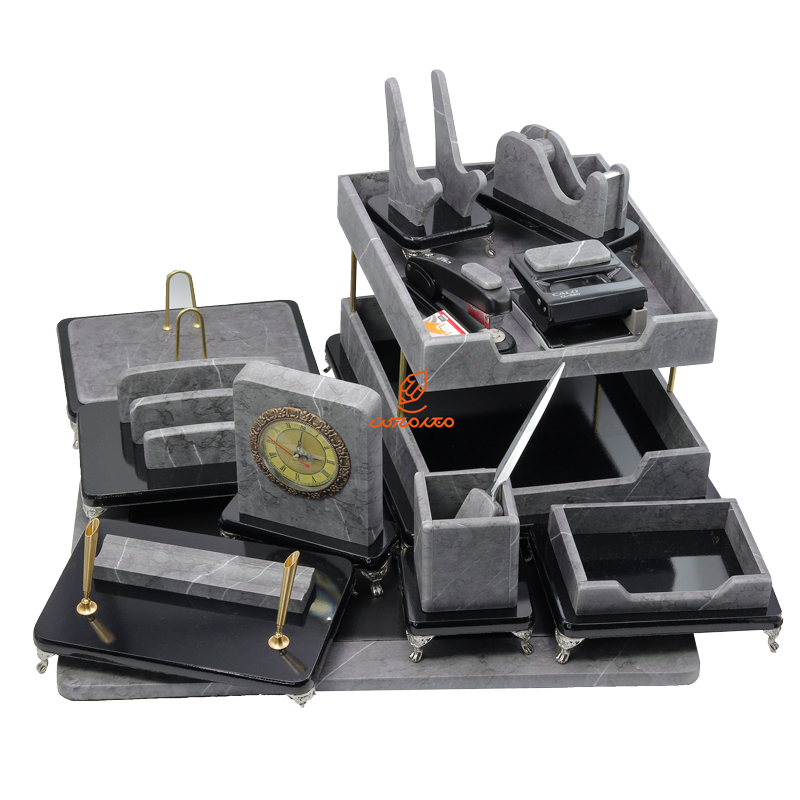 ست رومیزی مدیریتی 15 تکه طرح طوسی طرح سنگ مدل P315 قائم