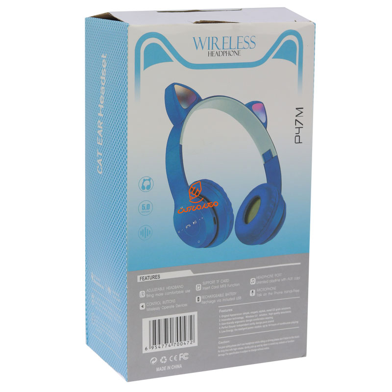 هدفون بلوتوثی مدل P47M گربه ای آبی CAT EAR (3)