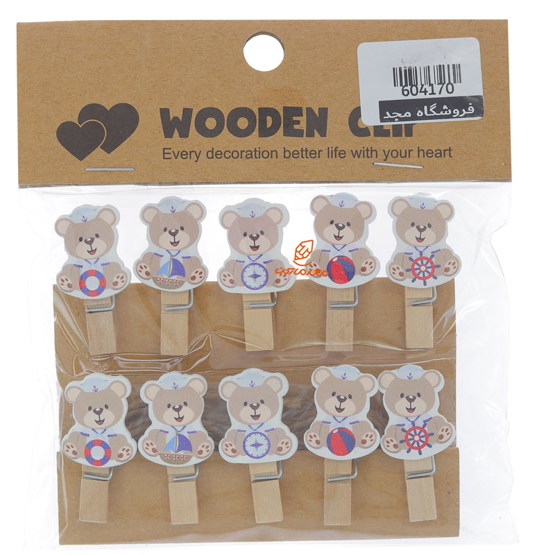 گیره چوبی فانتزی 10 عددی طرح خرس کوچولو WOODEN CLIP