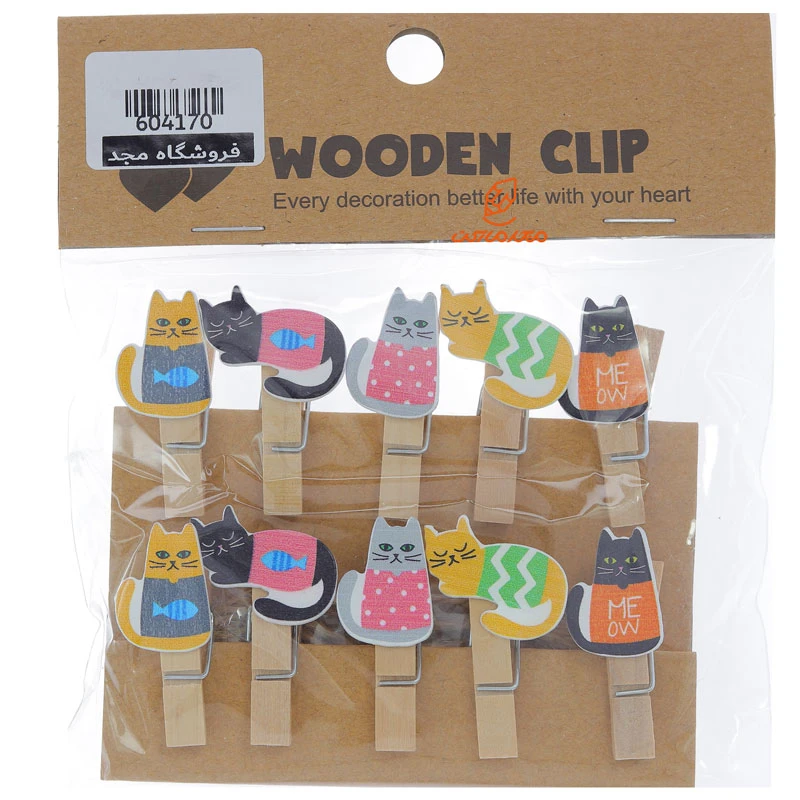 گیره چوبی فانتزی 10 عددی طرح گربه شاخ دار WOODEN CLIP (1)