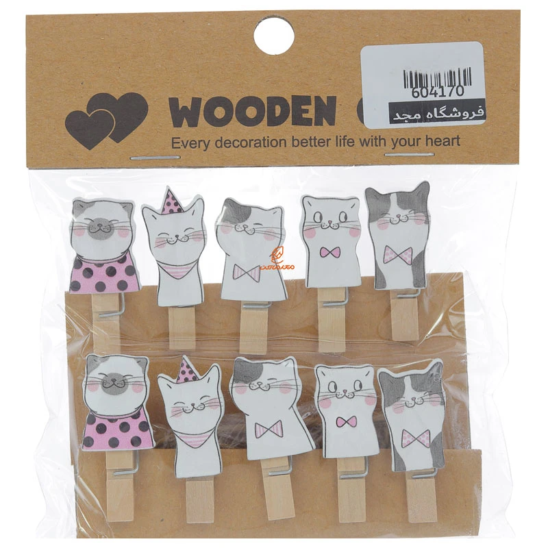 گیره چوبی فانتزی 10 عددی طرح گربه های رنگی WOODEN CLIP (2)