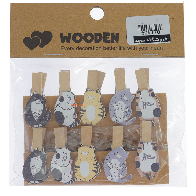 گیره چوبی فانتزی 10 عددی طرح گربه های چاق WOODEN CLIP