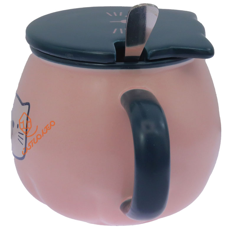 ماگ صورتی سبز درب دار طرح گربه (3)