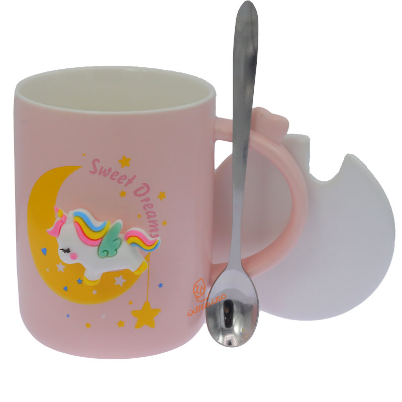 ماگ صورتی درب دار طرح یونی کورن برجسته (4)