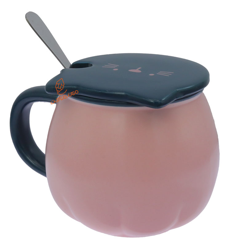 ماگ صورتی سبز درب دار طرح گربه (2)