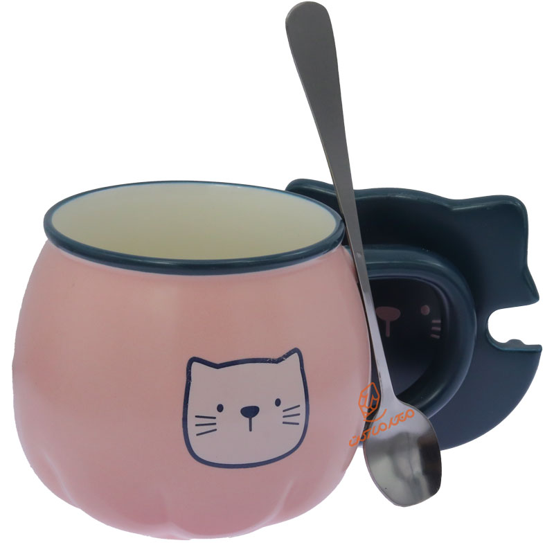 ماگ صورتی سبز درب دار طرح گربه (4)