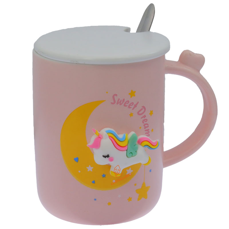 ماگ صورتی درب دار طرح یونی کورن برجسته