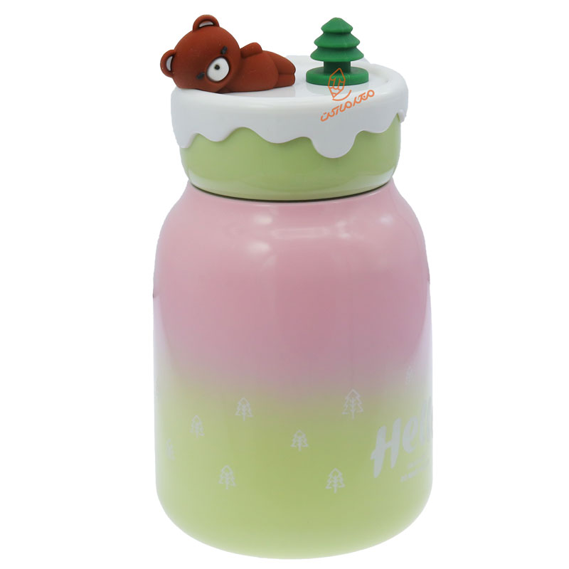 فلاسک استیل 370 میل صورتی سبز طرح خرس و کاج 4758