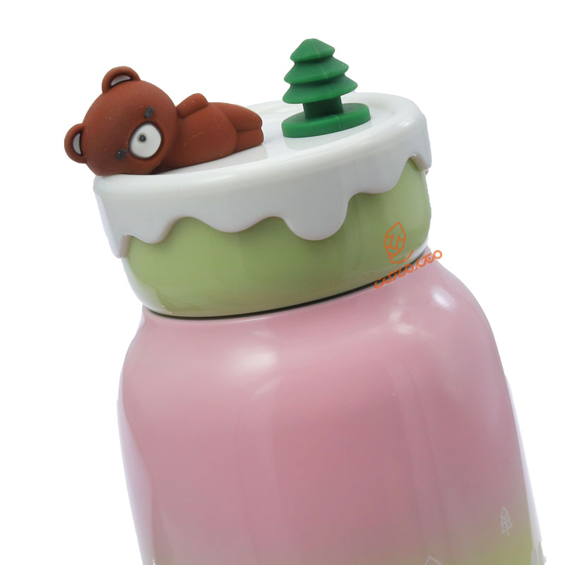 فلاسک استیل 370 میل صورتی سبز طرح خرس و کاج 4758 (3)