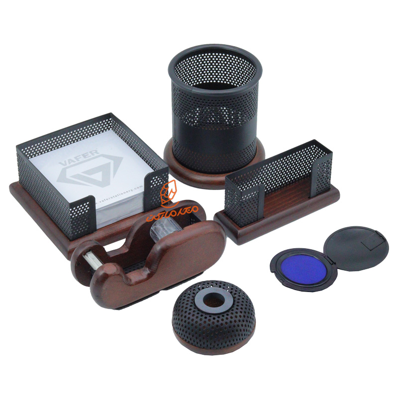 ست اداری 6 تکه از چوب و فلز مدل Vz-226 برند وافر VAFER - لوازم رومیزی شیک و حرفه‌ای برای محیط کار