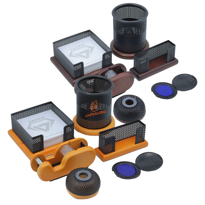 ست اداری 6 تکه از چوب و فلز مدل Vz-226 برند وافر VAFER - لوازم رومیزی شیک و حرفه‌ای برای محیط کار