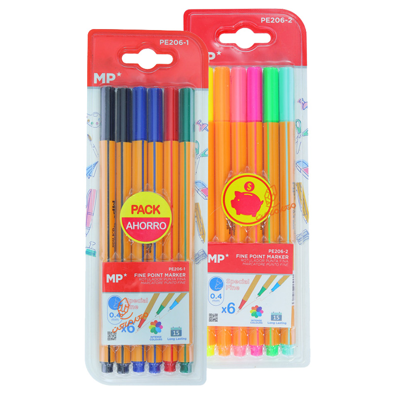 روان‌نویس نوک نمدی ۶ عددی MP مدل PE206 مناسب طراحی، نقاشی و نوشتار رنگی