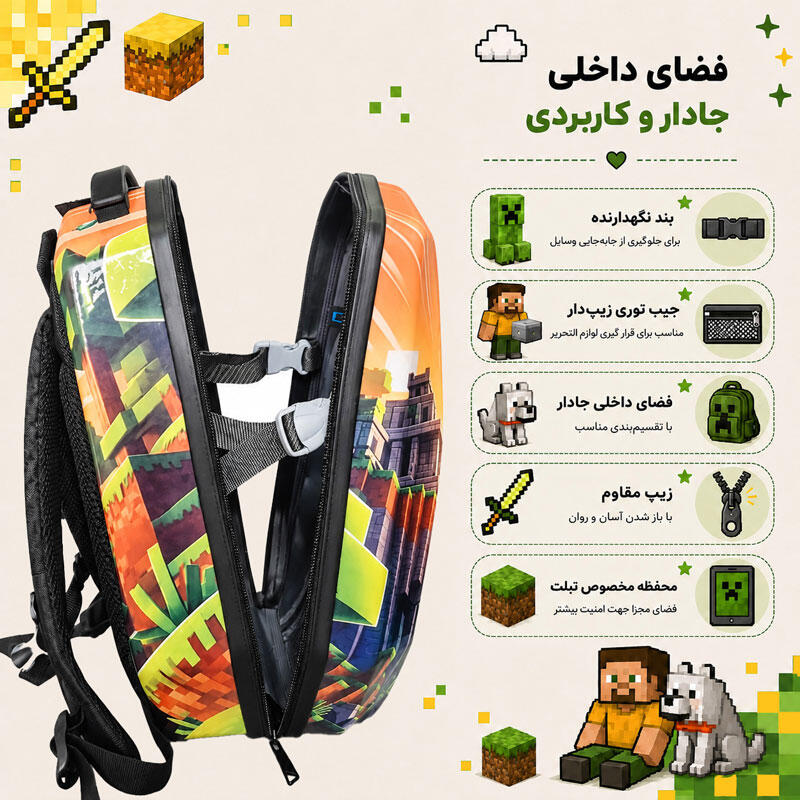 کوله پشتی مدرسه مدل MS1050 طرح ماینکرافت MINECRAFT YELLOW (12).jpg