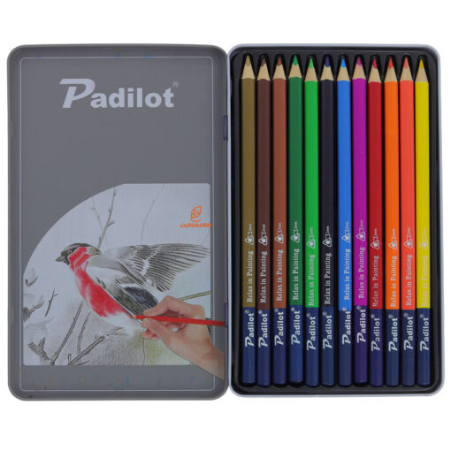 مداد رنگی 12 رنگ جعبه فلزی تخت طرح پرنده پادیلوت Padilot