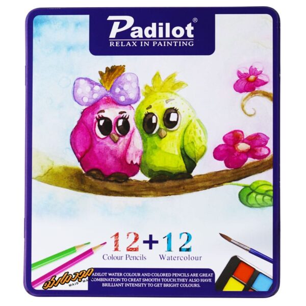 مداد رنگی 12 رنگ +12 ابرنگ جعبه فلزی تخت طرح جغد پادیلوت Padilot